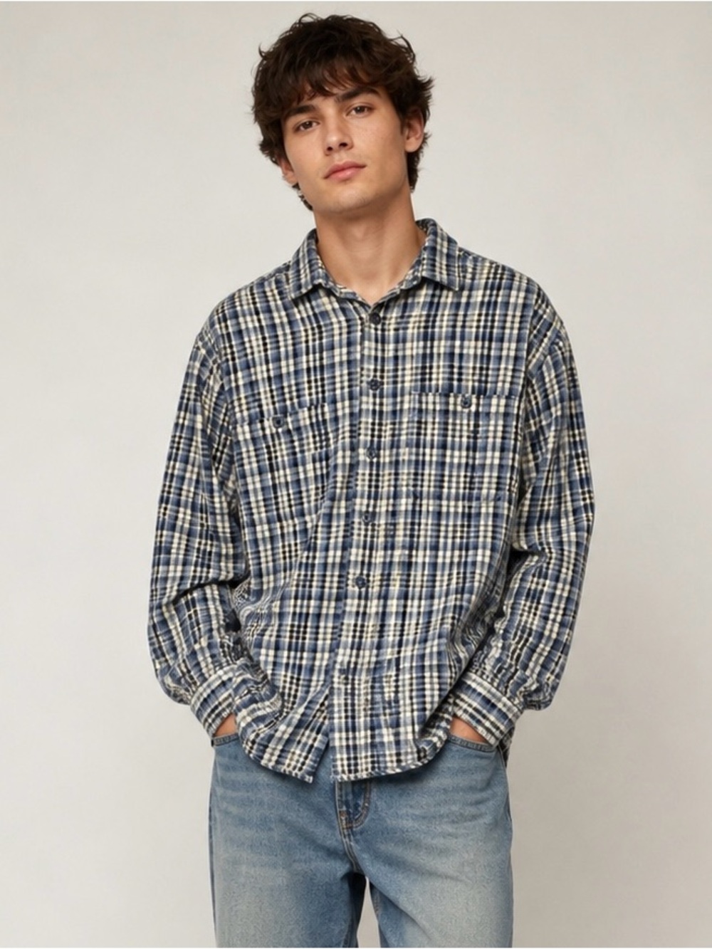 Levi's Navy and Cream Plaid Button-Up Shirt